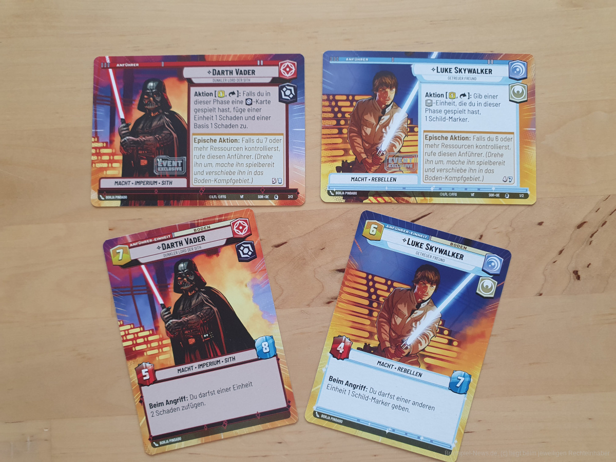 Promokarten von der SPIEL 2023: Anführer Darth Vader und Luke Skywalker