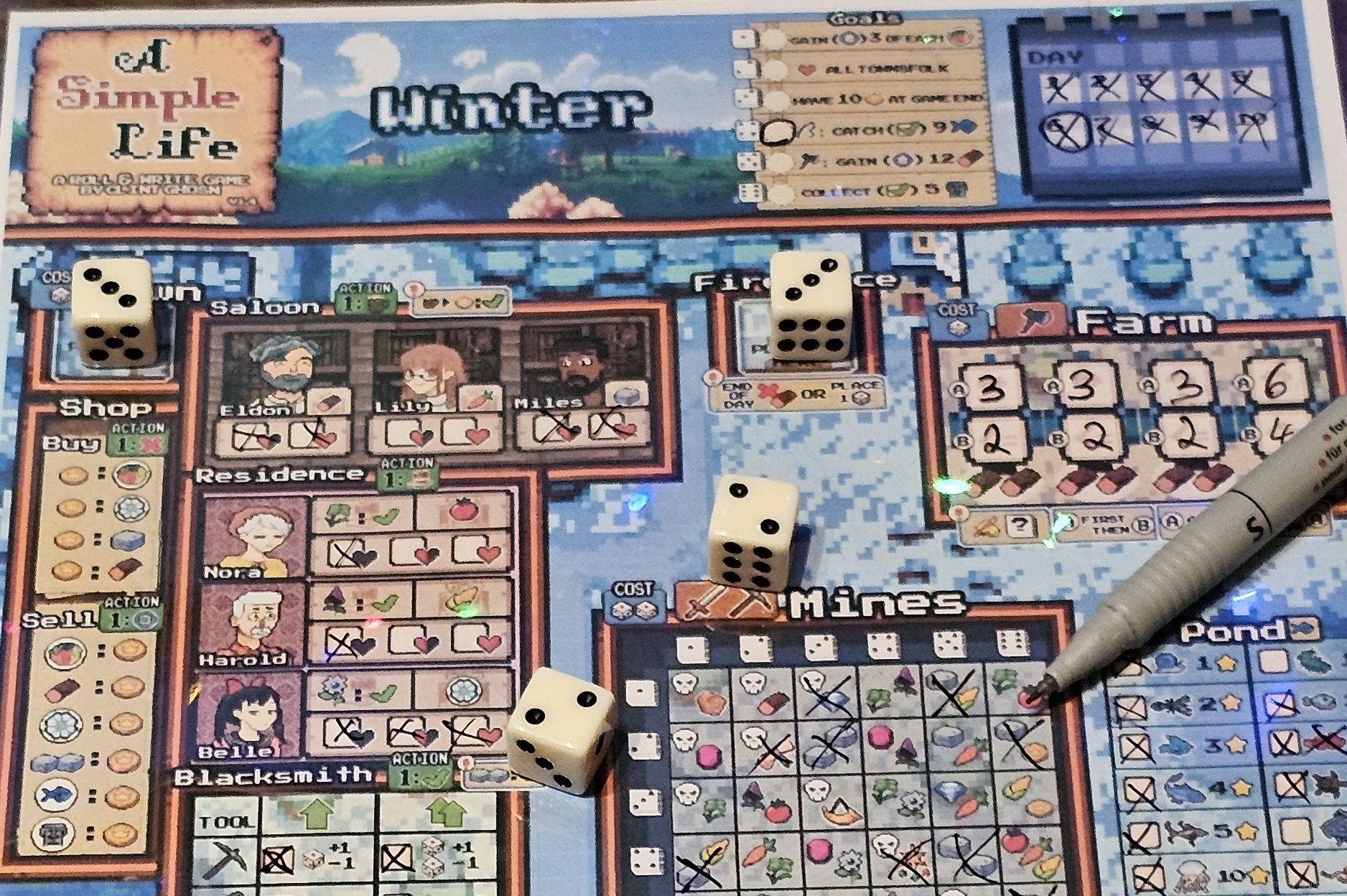 "A Simple Life" ist ein kooperatives Roll & Write-Spiel für 1-3 Personen ab 8 Jahren mit einer Spielzeit von etwa 30 Minuten, in dem wir eine Farm bewirtschaften und uns mit den Dorfbewohnern anfreunden.