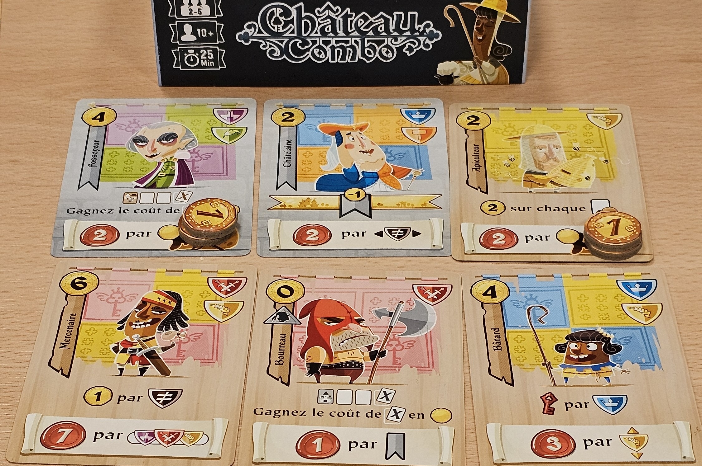 "Castle Combo" oder "Château Combo" ist ein hübsches, abstraktes Open-Draft- und Tableau-Building-Spiel für 2-5 Personen ab 10 Jahren mit einer Spieldauer von ungefähr 25 Minuten, in dem wir im Spielverlauf ein Raster aus 3x3 Karten auslegen, um damit möglichst viele Punkte zu ergattern.