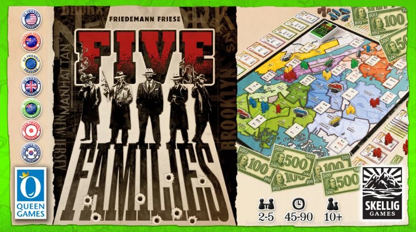"Five Families" ist ein Area-Majority- und Set-Collection-Spiel für 1–5 Personen ab 10 Jahren und lässt 2–5 Personen im New York der 1930er um lukrative Gebiete und Alkohol kämpfen.