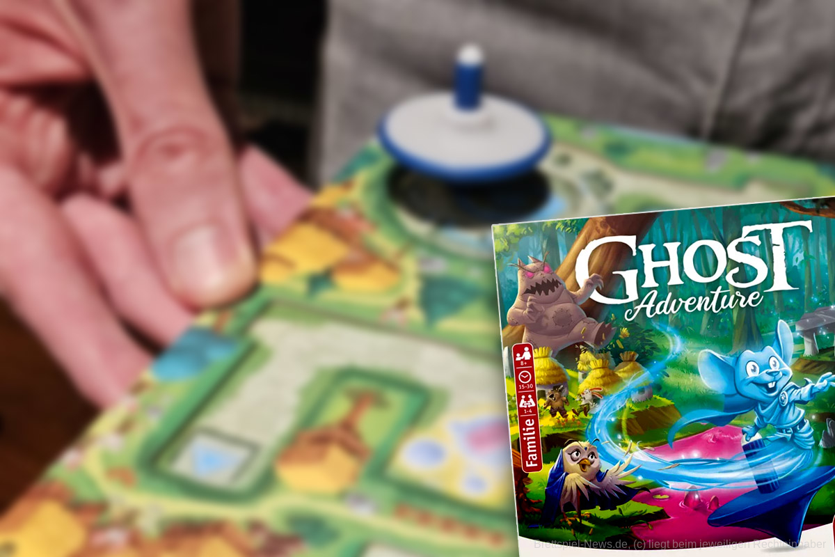 "Ghost Adventure" ist ein kooperatives Geschicklichkeitsspiel für 1-4 Personen ab 8 Jahren mit einer Spieldauer von 5-30 Minuten, in dem wir einen rotierenden Kreisel über eine Hindernisstrecke führen.