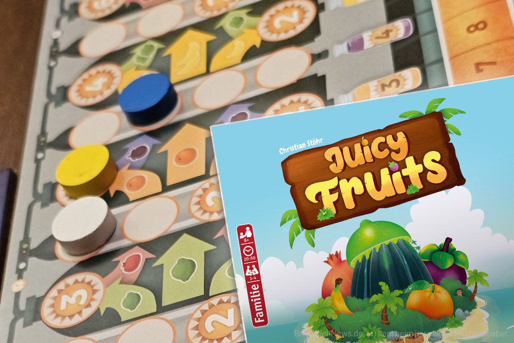 "Juicy Fruits" ist ein Grid-Movement- und Plättchen-Lege-Spiel für 1-4 Personen ab 8 Jahren mit einer Spieldauer von 30-60 Minuten, in dem wir auf unserer Insel Früchte ernten und verschiffen, Eis verkaufen und Gebäude bauen, um sie für Touristen attraktiver zu machen.