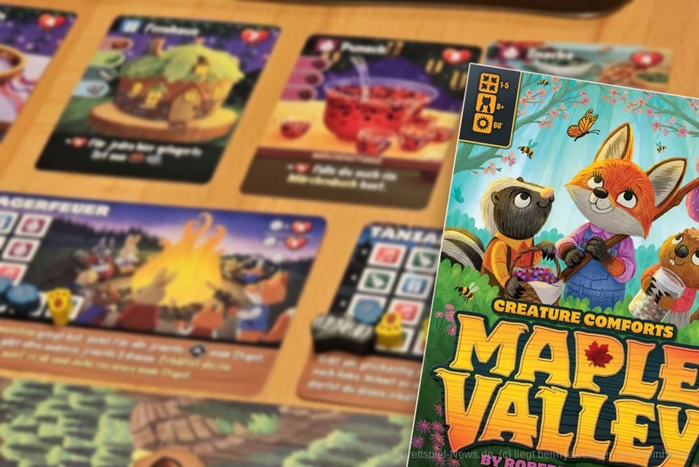"Maple Valley" ist ein Set-Collection- und Hand-Management-Spiel für 1-5 Personen ab 10 Jahren mit einer Spielzeit von gut 30 Minuten pro Person, in dem wir unser Tier durch das Tal bewegen und Ressourcen sammeln, um Gegenstände für das Frühlingsfest zu bauen.