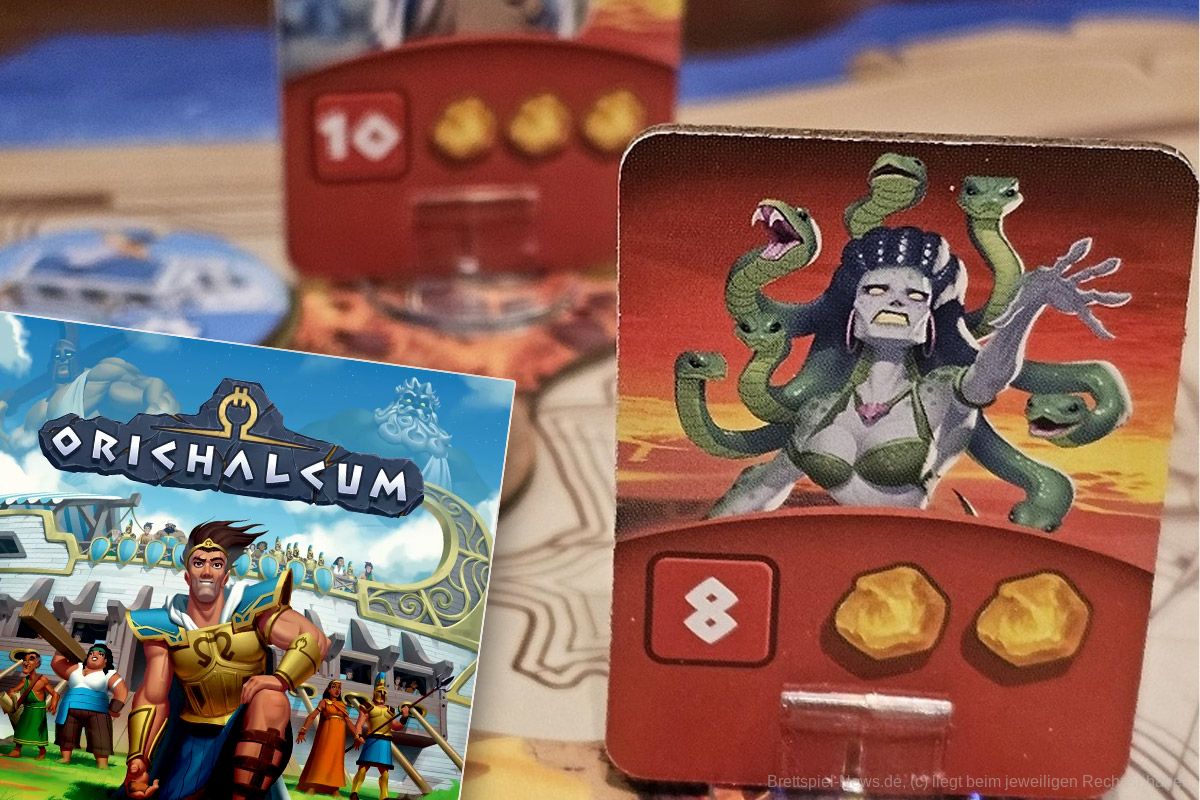 "Orichalkum" ist ein Plättchenlege- und Zivilisationsaufbau-Spiel für 1-4 Personen ab 10 Jahren mit einer Spieldauer von etwa 60 Minuten, in dem wir eine Insel erkunden, gegen Monster kämpfen und unsere Zivilisation technologisch erweitern.