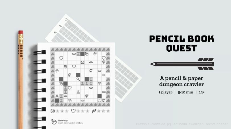 "Pencil Book Quest" ist ein Solo-Stift-und-Papier-Abenteuerspiel, in dem wir in ungefähr 10 Minuten Aufgaben bestehen, Monster mit unserem Geschick bekämpfen und Schätze entdecken.