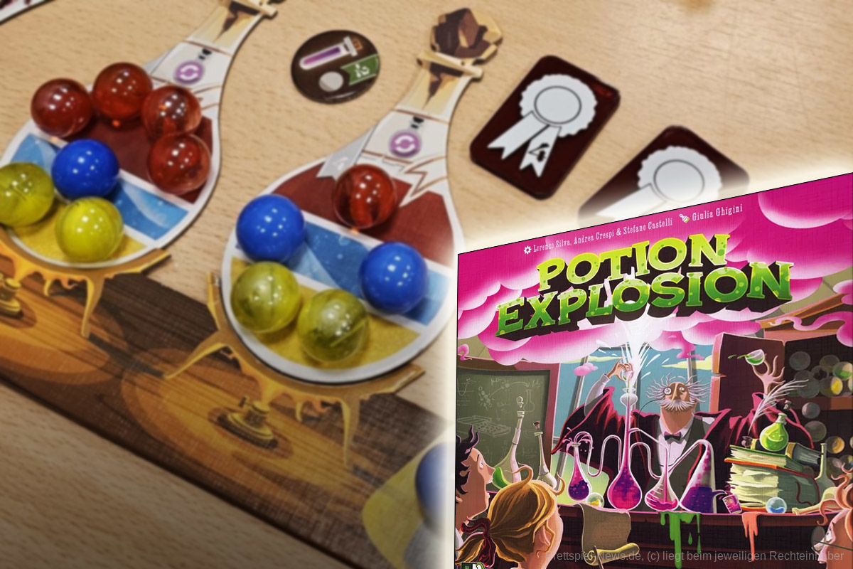 "Potion Explosion" ist ein Set-Collection- und Mustererkennung-Spiel für 2–4 Personen ab 8 Jahren, mit einer Spielzeit von 30–45 Minuten, in dem wir Murmeln aus einem Spender nehmen, um mit diesen Tränke zu brauen.