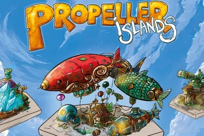 "Propeller Islands" ist ein Würfel-Drafting- und Engine-Builder-Spiel für 2–4 Personen ab 8 Jahren mit einer Spieldauer von 30–45 Minuten, in dem wir unsere mechanisch fliegende Insel ausbauen und versuchen, mit ihr besonders effizient zu produzieren, um Aufträge zu erfüllen.