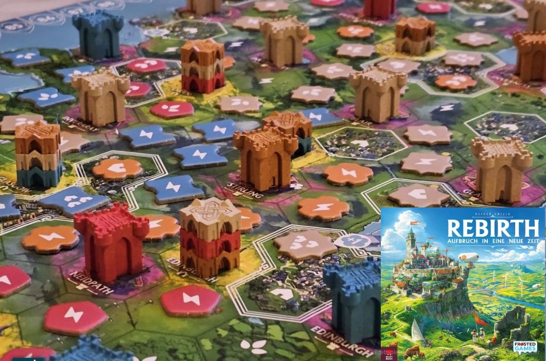 "Rebirth" ist ein Plättchen-Lege- und Gebiets-Kontroll-Spiel für 2–4 Personen ab 8 Jahren mit einer Spieldauer von 45–60 Minuten, in dem wir versuchen, Burgen und Klöster zu kontrollieren und Aufträge zu erfüllen.
