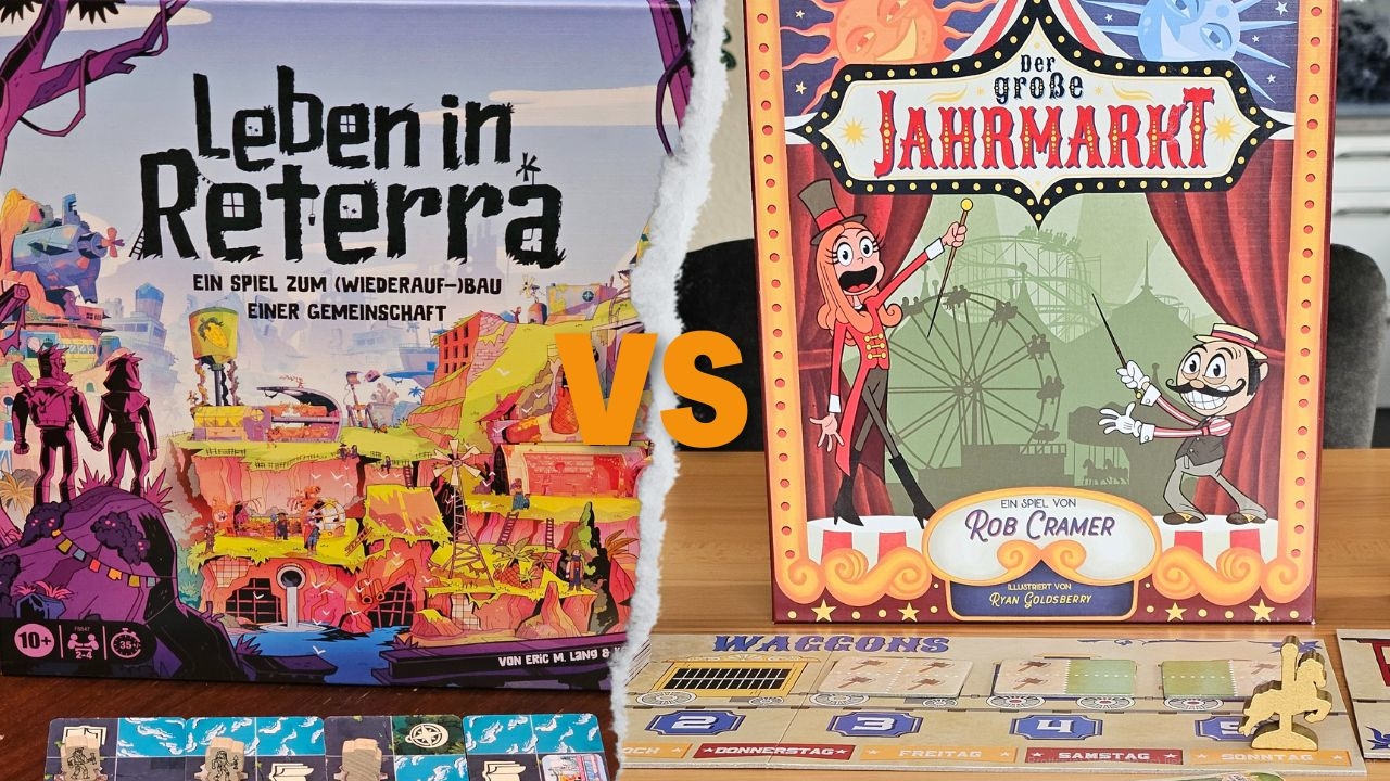 "Der große Jahrmarkt" (1-4 Personen) und das "Leben in Reterra" (2-4 Personen) sind gar nicht so verschieden. So teilen sie sich genau die gleiche Grundmechanik und haben auch im Detail sehr viele Ähnlichkeiten. Über beide Spiele haben wir schon berichtet. Hier geht es nach Reterra und hier auf den Jahrmarkt.