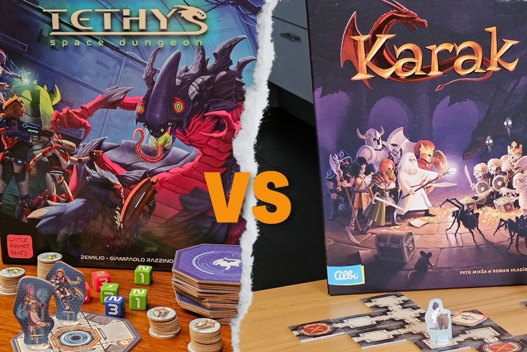 "Tethys" ist ein einfacher, kooperativer missionsbasierter Space-Dungeoncrawler für 1-4 Personen ab 6 Jahren mit einer Spielzeit von 20-40 Minuten, in dem wir uns aufrüsten und eine Menge Würfel werfen, um gemeinsam Aliens zu bekämpfen.  Designer: Giampaolo Razzino, Zemilio Artist: Mirko Properzi Publisher: Little Rocket Games  "Karak" ist ein einfacher Dungeoncrawler für 2-5 Personen ab 5 Jahren mit einer Spielzeit von 30-45 Minuten, in dem wir uns aufrüsten, Monster bekämpfen und versuchen im Wettkampf gegeneinander die meisten Schätze zu erlangen.  Designer: Petr Mikša Artist: Roman Hladík Publisher: Albi, KOSMOS