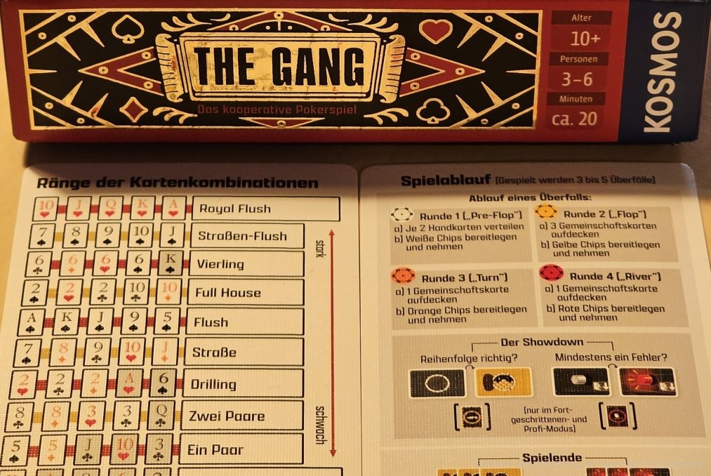 "The Gang" ist ein kooperatives Deduktions-Pokerspiel für 3-6 Personen ab 12 Jahren mit einer Spieldauer von 20-60 Minuten, in dem wir versuchen, ohne direkte Kommunikation unsere Kartenhand in ihrer Wertigkeit im Bezug auf die anderen Personen einzuschätzen.