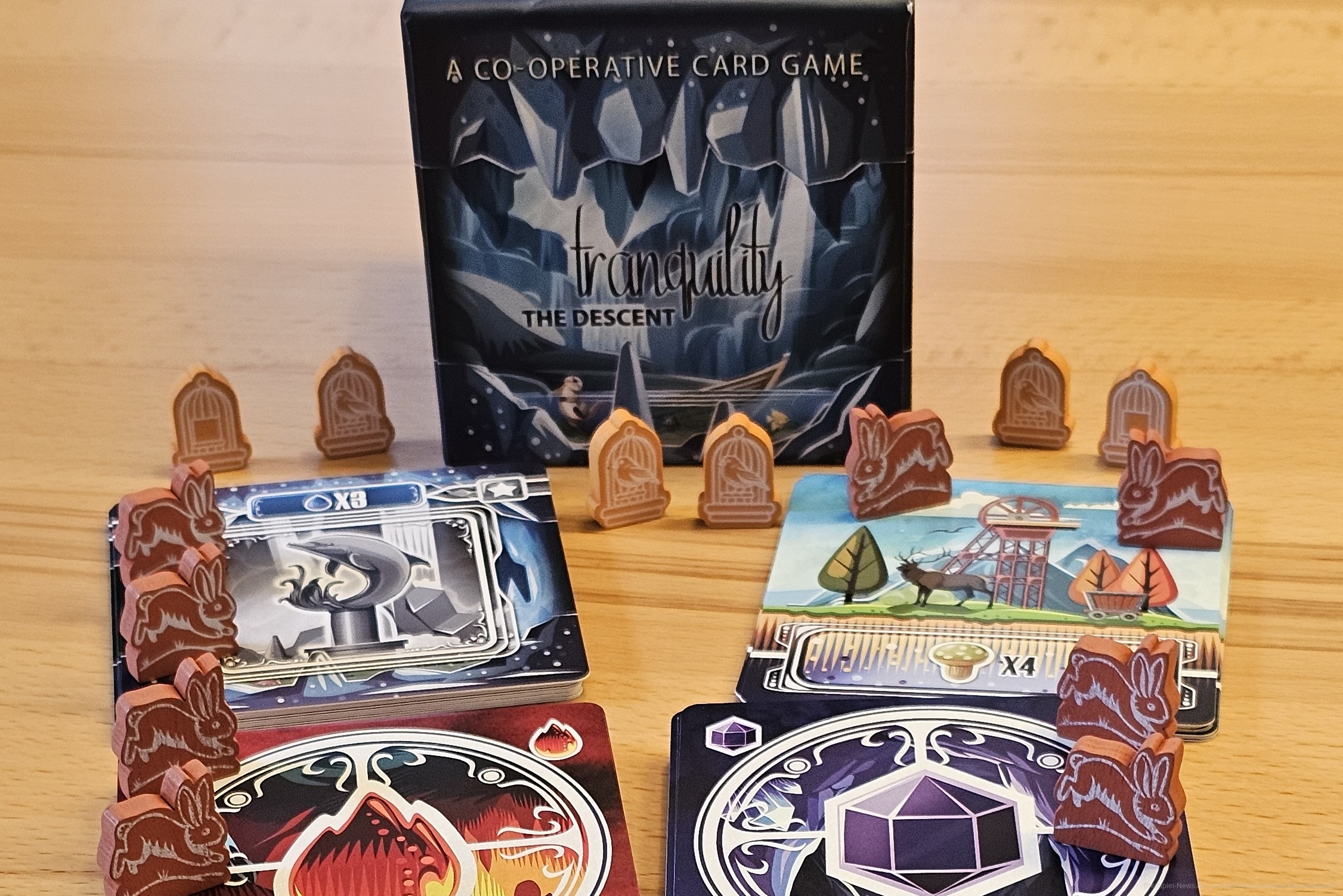 "Tranquility: The Descent" ist ein kooperatives Karten-Auslage-Spiel für 1–5 Personen ab 8 Jahren mit einer Spieldauer von etwa 45 Minuten, in dem wir fast ohne Kommunikation Karten in der richtigen Reihenfolge auslegen müssen.